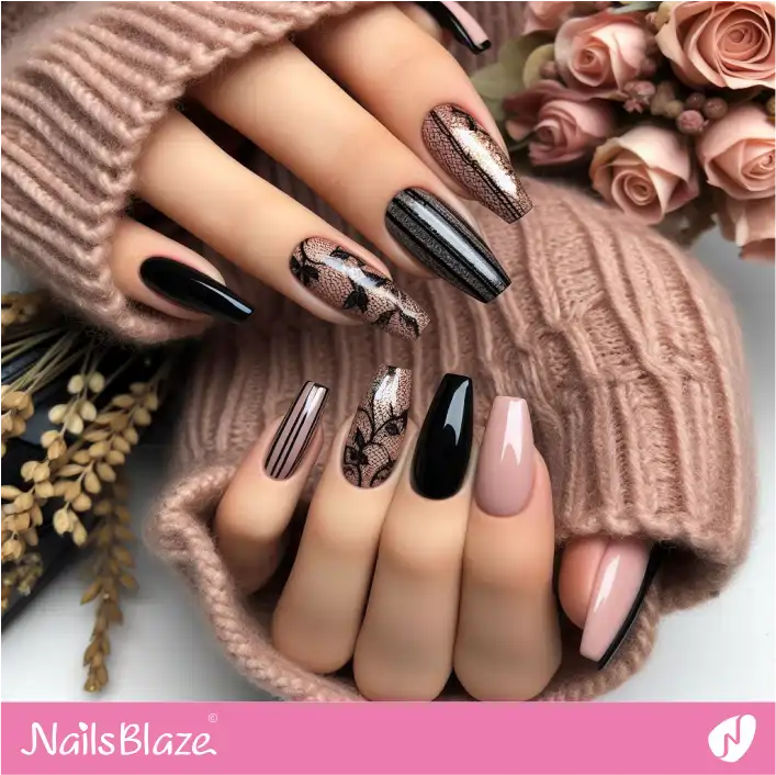 Black and Nude Nails Design | Foil Nail Art - NB4060